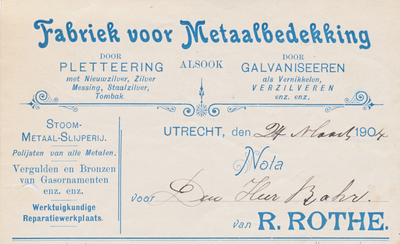 712006 Kop van een nota van R. Rothe, Fabriek voor Metaalbedekking, [Lange Nieuwstraat 70] te Utrecht, ten name van de ...